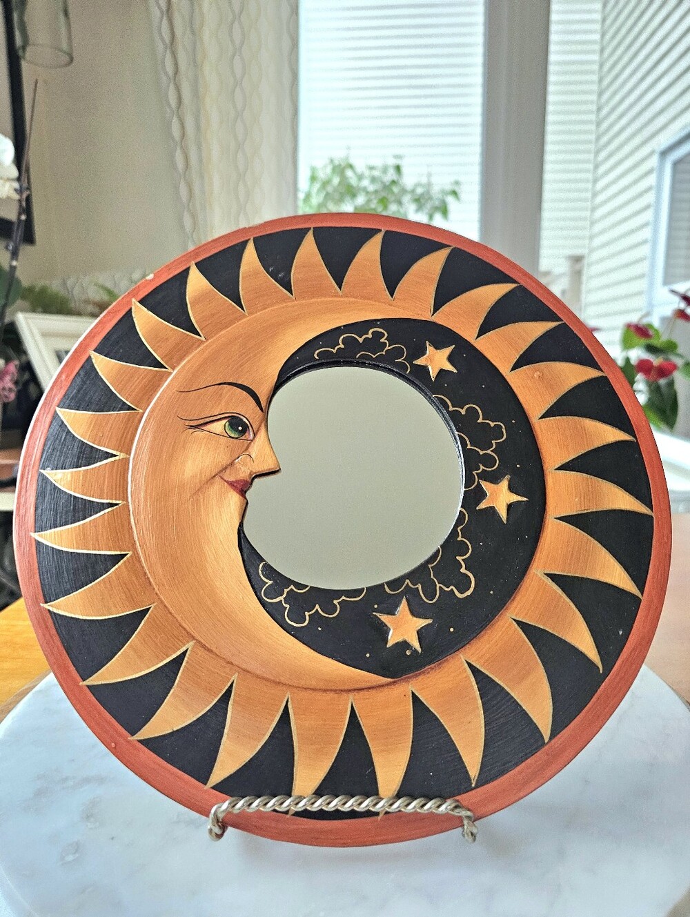 Vintage Wooden Folk Art Moon, Sun And Stars Circular Mirror